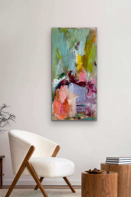 Abstrakt maleri, 100x50 cm, ”PEACH” by Lone Reedtz , Abstrakt ekspressivt akrylmaleri på lærred Uden ramme Kunstsamlingen-katalog-2025
