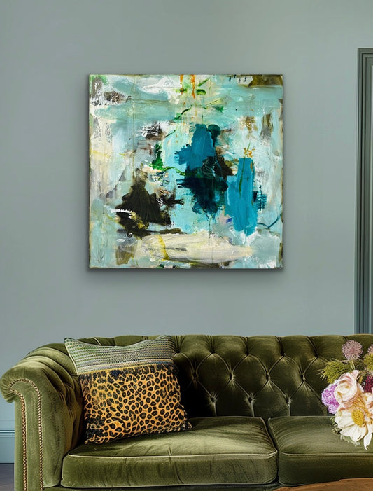Abstrakt maleri, 80x80 cm, ”VANDETS POESI” by Lone Reedtz , Abstrakt ekspressivt akrylmaleri på lærred Uden ramme