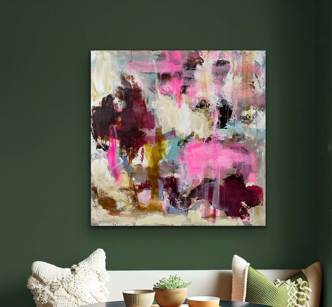 Abstrakt maleri, 100x100 cm, “LIFE” by Lone Reedtz , Abstrakt ekspressivt akrylmaleri på lærred Uden ramme Blue Brown Green Grey Kunstsamlingen-katalog-2025 Orange Pink White Yellow