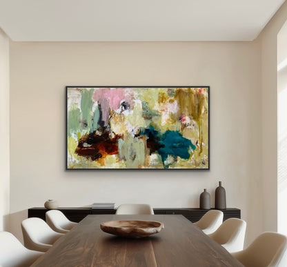 Abstrakt maleri, 80x140 cm, "A PLACE WITHOUT TIME” by Lone Reedtz , Abstrakt ekspressivt akrylmaleri på lærred Med sort svæveramme