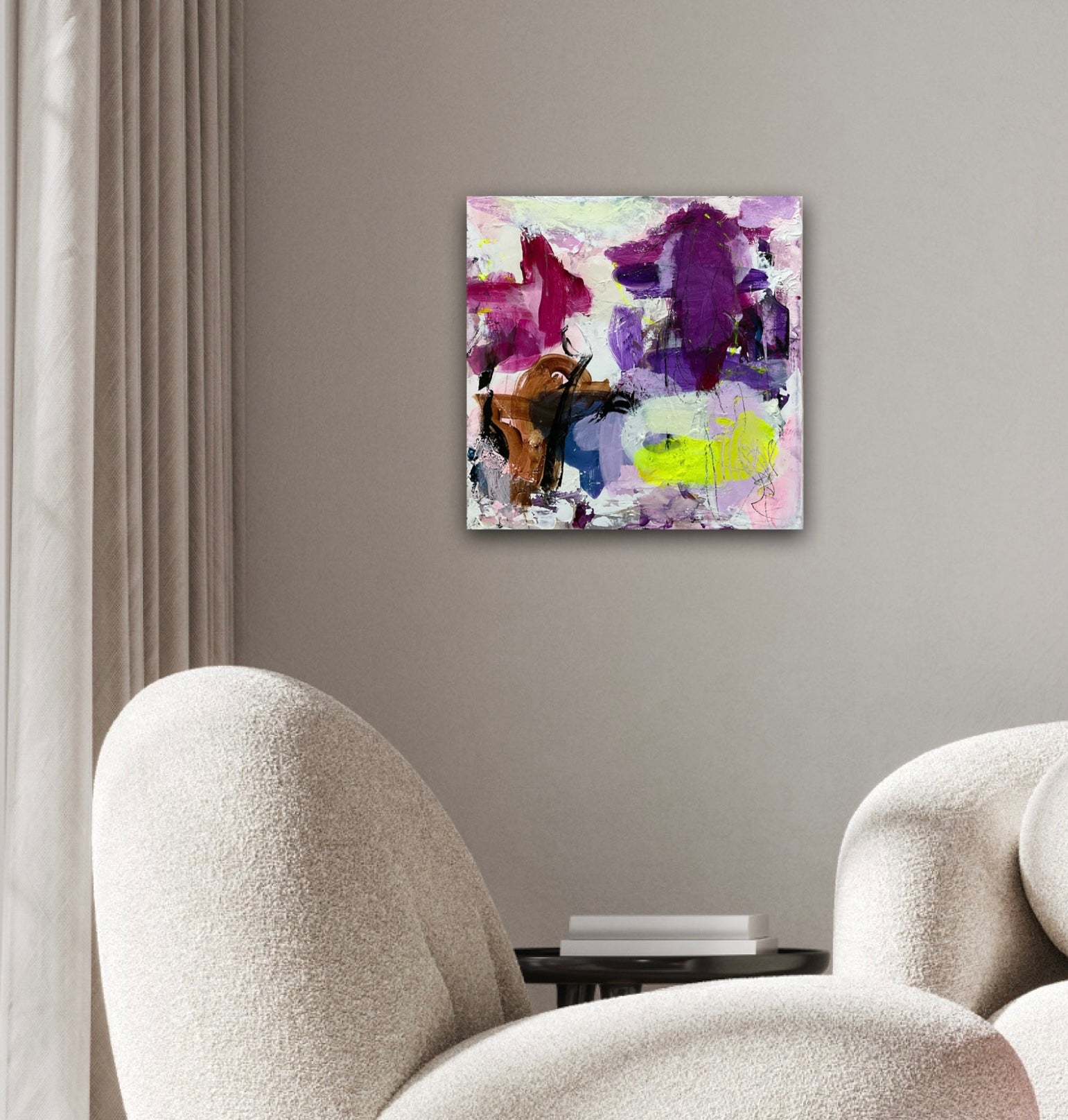 Abstrakt maleri, 40x40 cm, "Make a wish” by Lone Reedtz , Abstrakt ekspressivt akrylmaleri på lærred Black Blue Brown Grey Ochre Pink Purple White Yellow
