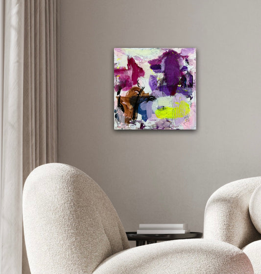 Abstrakt maleri, 40x40 cm, "Make a wish” by Lone Reedtz , Abstrakt ekspressivt akrylmaleri på lærred Black Blue Brown Grey Ochre Pink Purple White Yellow