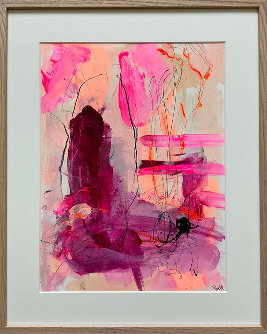 Paperwork, 50x40 cm, med massiv egetræsramme by Lone Reedtz , Abstrakt ekspressivt akrylmaleri på papir i passepartout Childish