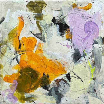Abstrakt maleri, 40x40 cm, "When you smile” by Lone Reedtz , Abstrakt ekspressivt akrylmaleri på lærred Uden ramme Black Brown Grey Ochre Purple White Yellow