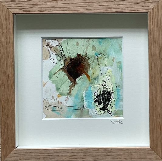 Paperwork, 20x20 cm, i boksramme af massivt egetræ by Lone Reedtz , Abstrakt ekspressivt akrylmaleri på papir i passepartout