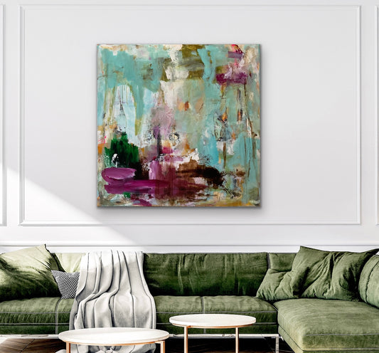 Abstrakt maleri, 120x120 cm, “ALL THAT WE ARE” by Lone Reedtz , Abstrakt ekspressivt akrylmaleri på lærred Uden ramme