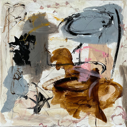 Abstrakt maleri, 40x40 cm, "A love story" by Lone Reedtz , Abstrakt ekspressivt akrylmaleri på lærred Uden ramme Black Brown Golden Grey Ochre Pink Square White
