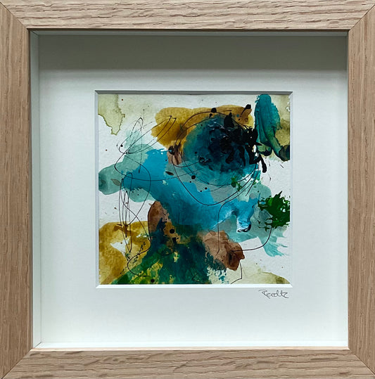 Paperwork, 20x20 cm, i boksramme af massivt egetræ by Lone Reedtz , Abstrakt ekspressivt akrylmaleri på papir i passepartout