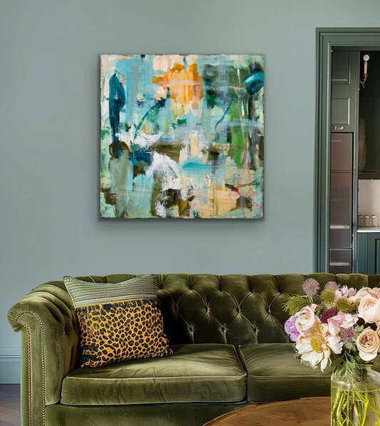 Abstrakt maleri, 100x100 cm, “FOREVER CALM” by Lone Reedtz , Abstrakt ekspressivt akrylmaleri på lærred Uden ramme Blue Brown Green Grey Kunstsamlingen-katalog-2025 Orange Pink White Yellow