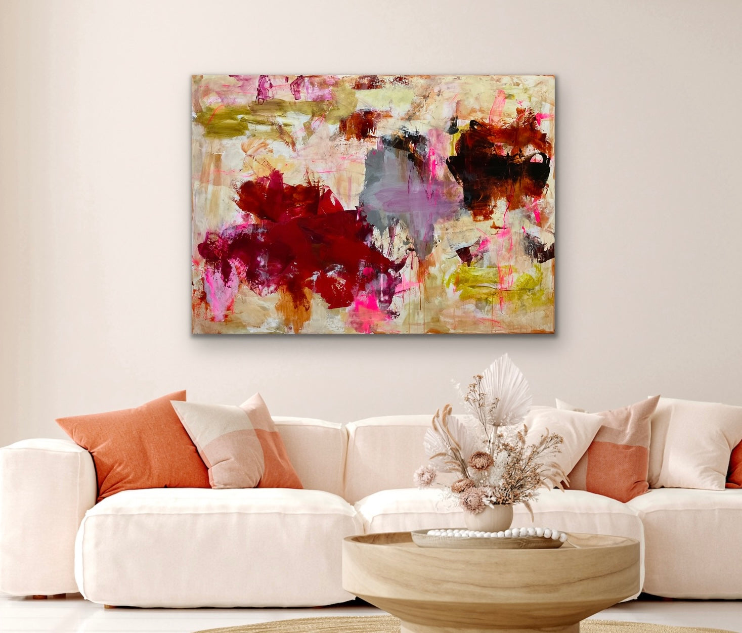 Abstrakt maleri, 100x140 cm, "STORYTELLING” by Lone Reedtz , Abstrakt ekspressivt akrylmaleri på lærred