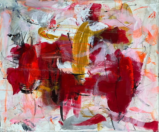 Abstrakt maleri, 50x60cm, "Laid back” by Lone Reedtz , Abstrakt ekspressivt akrylmaleri på lærred Black Brown Grey Ochre Orange Pink Red White