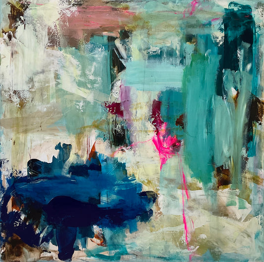 Abstrakt maleri, 120x120 cm, "WALKING ON A DREAM” by Lone Reedtz , Abstrakt ekspressivt akrylmaleri på lærred