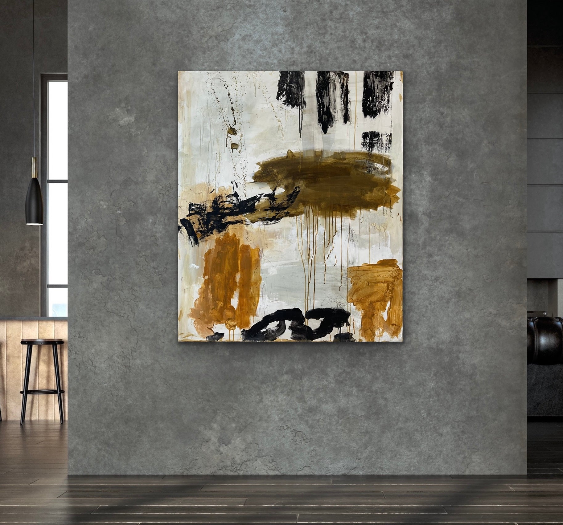 Abstrakt maleri, 120x100 cm, “IN BETWEEN” by Lone Reedtz , Abstrakt ekspressivt akrylmaleri på lærred Blue Brown Green Grey Kunstsamlingen-katalog-2025 Orange Pink White Yellow