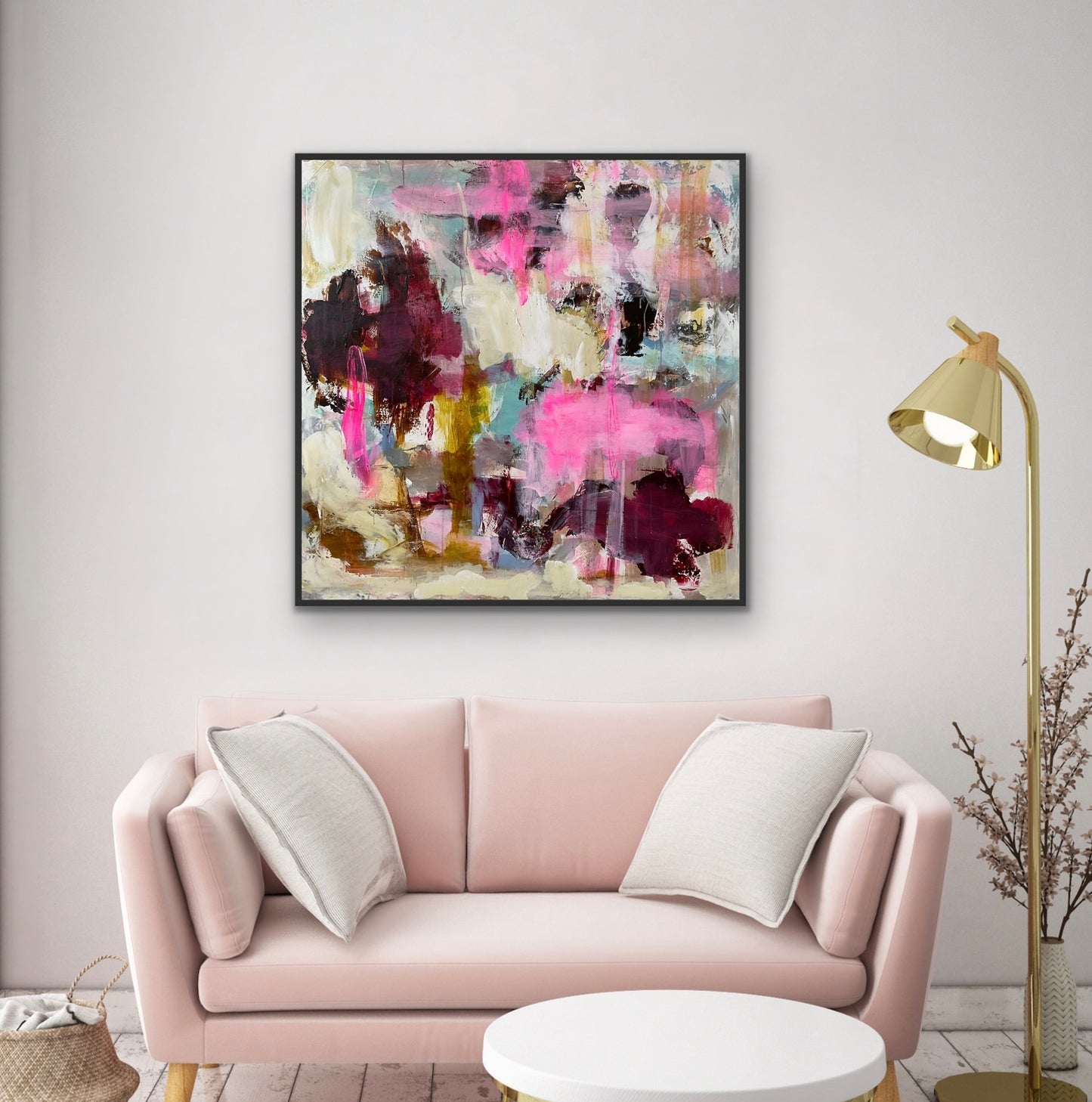Abstrakt maleri, 100x100 cm, “LIFE” by Lone Reedtz , Abstrakt ekspressivt akrylmaleri på lærred Med sort svæveramme Blue Brown Green Grey Kunstsamlingen-katalog-2025 Orange Pink White Yellow