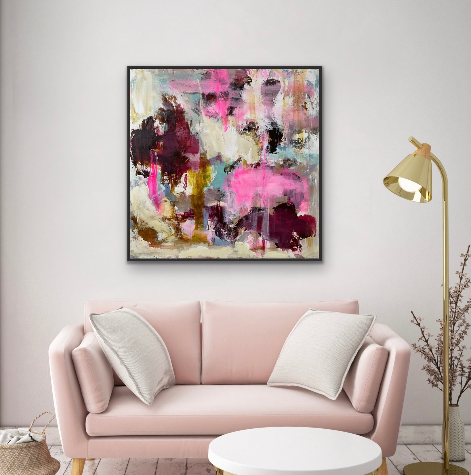 Abstrakt maleri, 100x100 cm, “LIFE” by Lone Reedtz , Abstrakt ekspressivt akrylmaleri på lærred Med sort svæveramme Blue Brown Green Grey Kunstsamlingen-katalog-2025 Orange Pink White Yellow