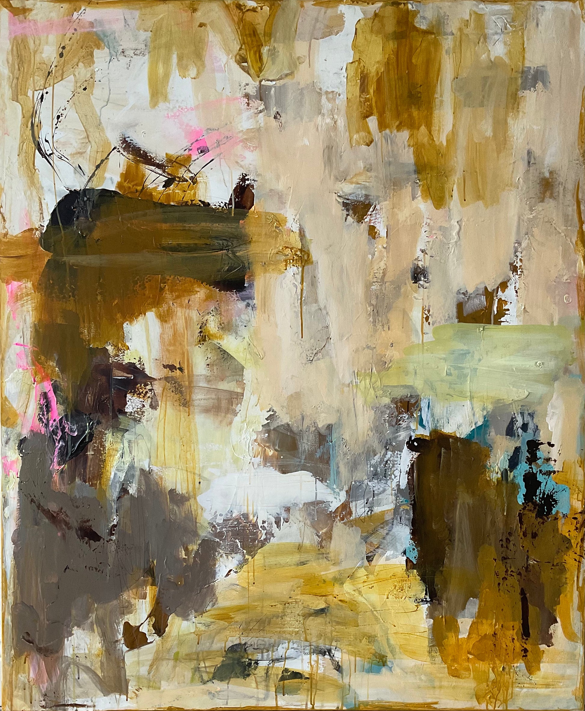 Abstrakt maleri, 120x100 cm, “GOLDEN SILENCE” by Lone Reedtz , Abstrakt ekspressivt akrylmaleri på lærred Blue Brown Green Grey Kunstsamlingen-katalog-2025 Orange Pink White Yellow