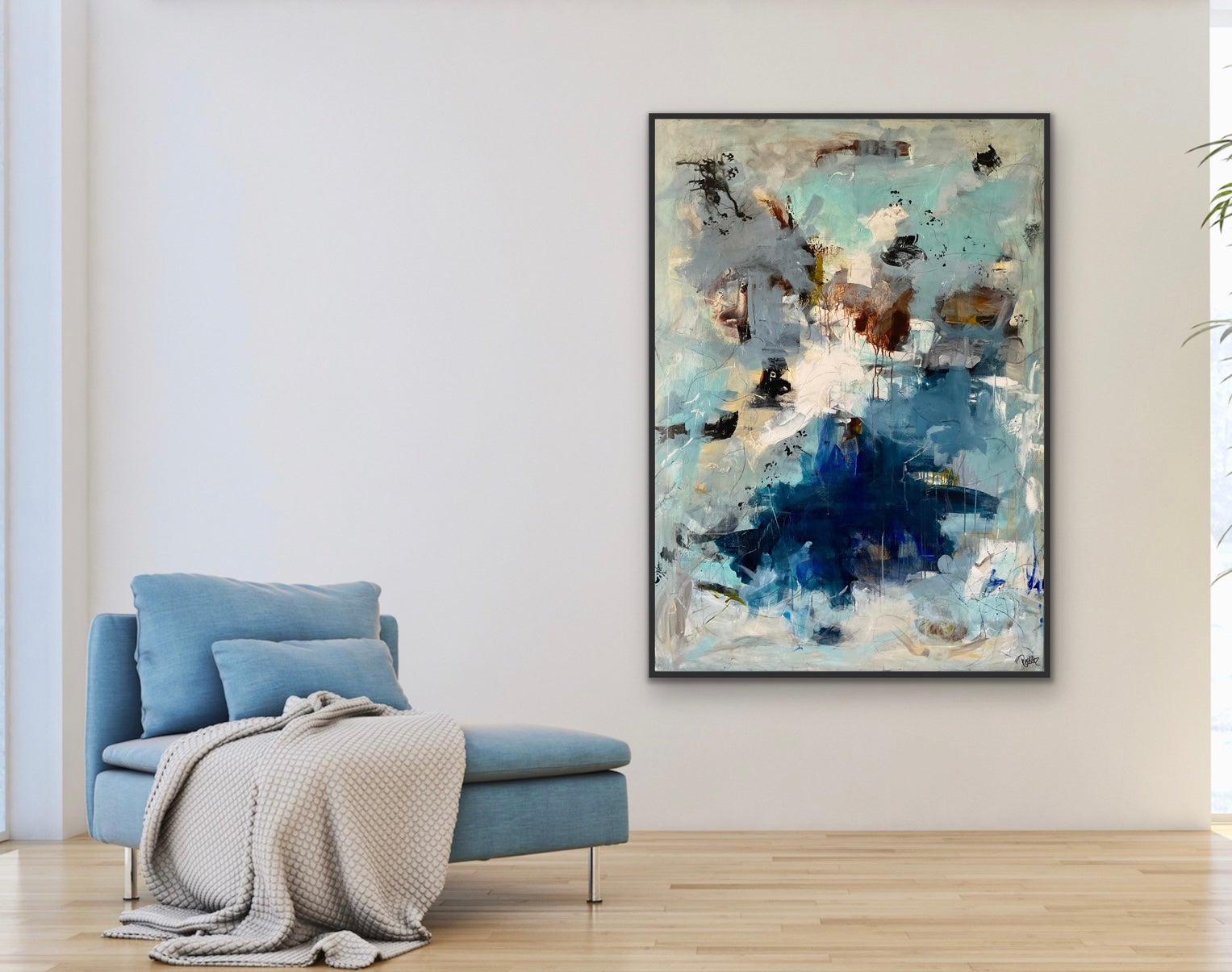 Abstrakt maleri, 140x100 cm, "Born inside of a raindrop" by Lone Reedtz , Abstrakt ekspressivt akrylmaleri på lærred Med sort svæveramme