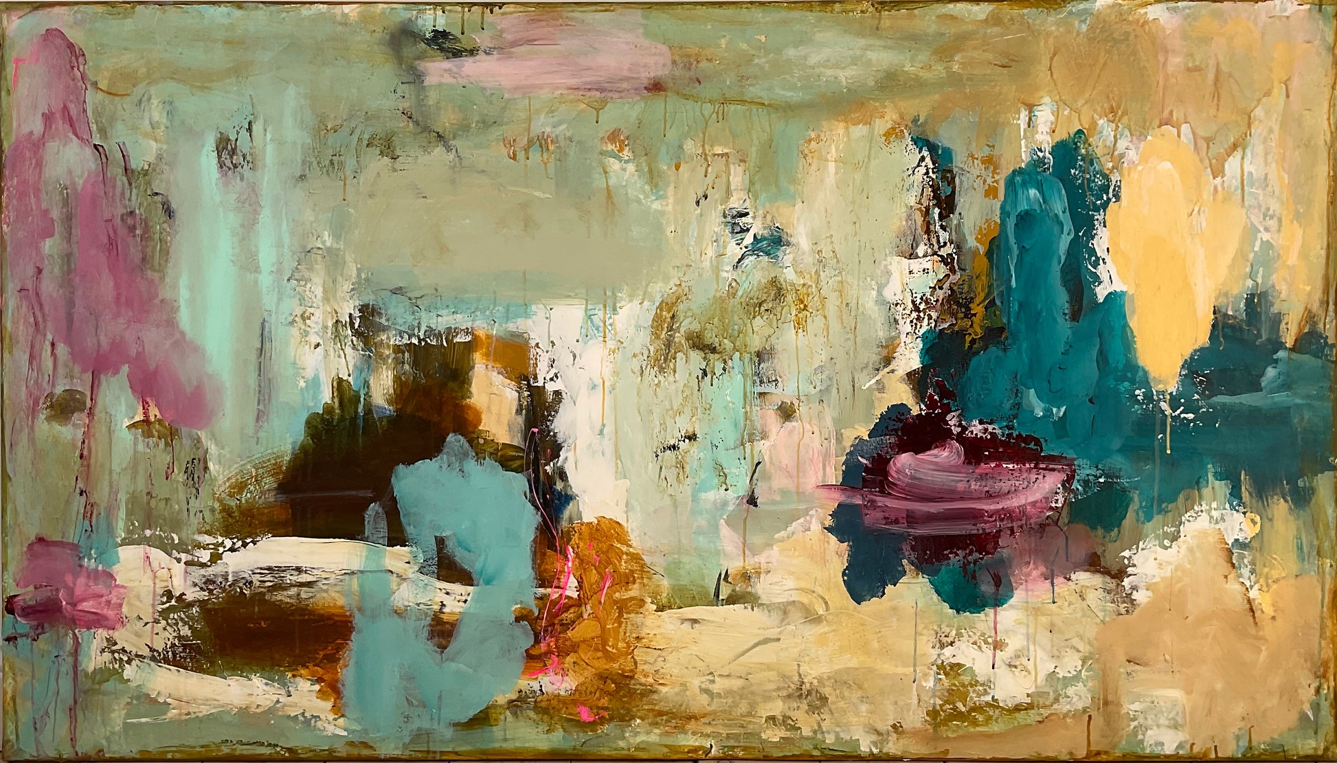 Abstrakt maleri, 80x140 cm, "STEPPING INTO A DREAM” by Lone Reedtz , Abstrakt ekspressivt akrylmaleri på lærred