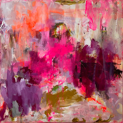 120x120 cm, "LIVET I LYSERØDT” by Lone Reedtz , Abstrakt ekspressivt akrylmaleri på lærred