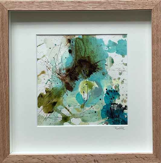 Paperwork, 30x30 cm, i boksramme af massivt egetræ by Lone Reedtz , Abstrakt ekspressivt akrylmaleri på papir i passepartout