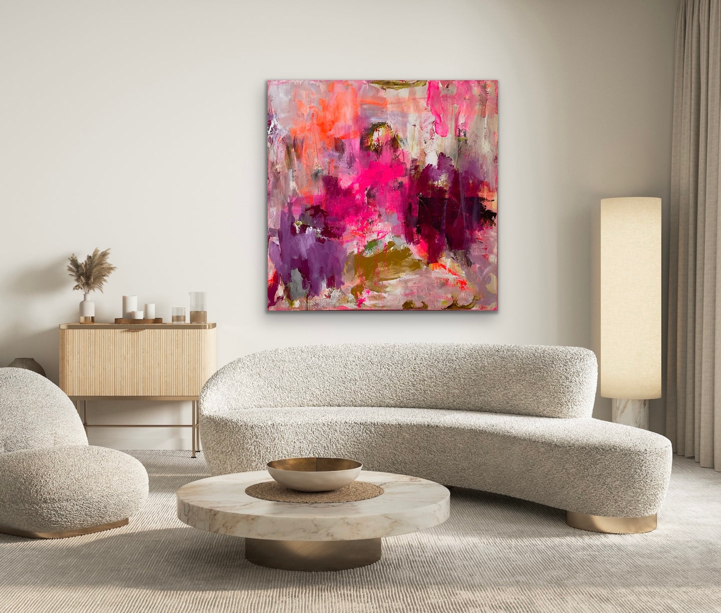 120x120 cm, "LIVET I LYSERØDT” by Lone Reedtz , Abstrakt ekspressivt akrylmaleri på lærred