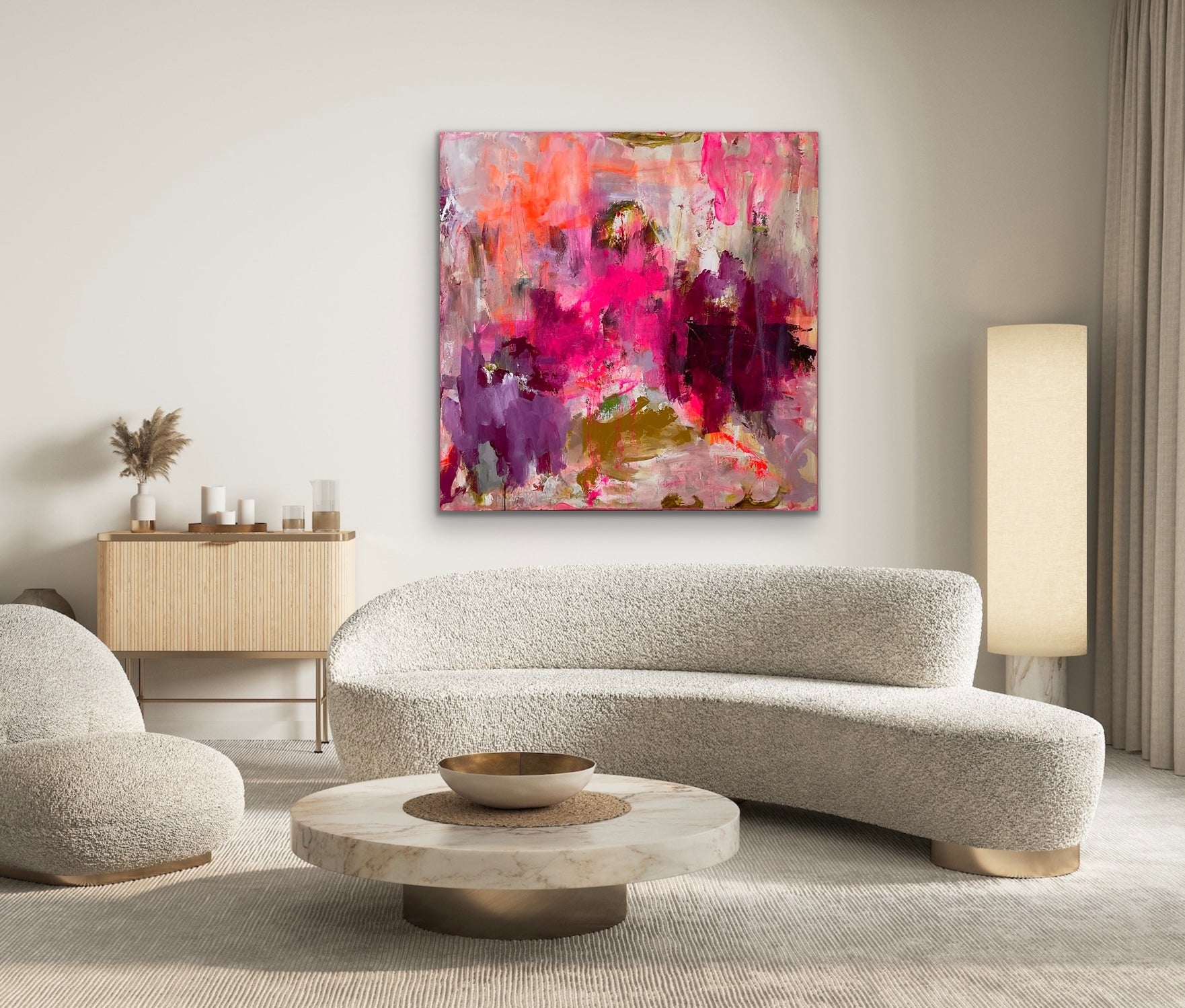 120x120 cm, "LIVET I LYSERØDT” by Lone Reedtz , Abstrakt ekspressivt akrylmaleri på lærred