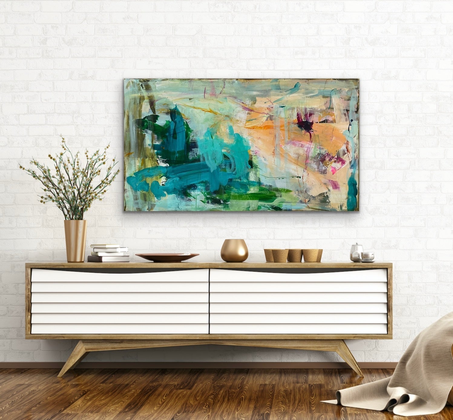 Abstrakt maleri, 80x140 cm, "UNDERNEATH THE SEA” by Lone Reedtz , Abstrakt ekspressivt akrylmaleri på lærred