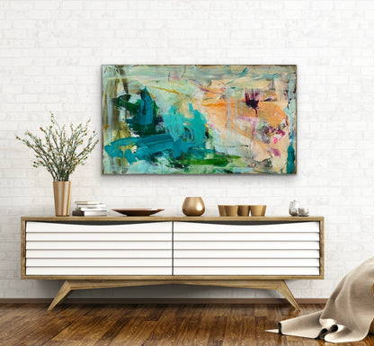 Abstrakt maleri, 80x140 cm, "UNDERNEATH THE SEA” by Lone Reedtz , Abstrakt ekspressivt akrylmaleri på lærred