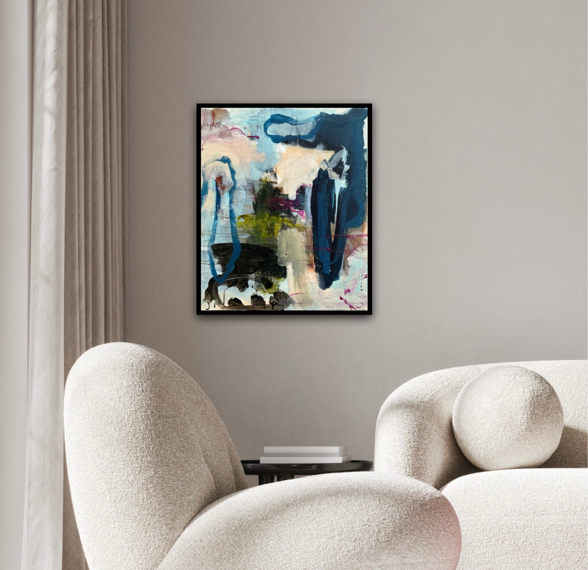 Abstrakt maleri, 50x60 cm, "Touch the sky" by Lone Reedtz , Abstrakt ekspressivt akrylmaleri på lærred Med sort svæveramme