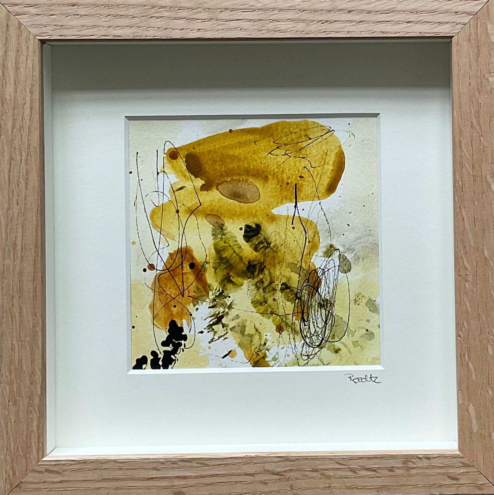 Paperwork, 20x20 cm, i boksramme af massivt egetræ by Lone Reedtz , Abstrakt ekspressivt akrylmaleri på papir i passepartout