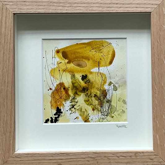 Paperwork, 20x20 cm, i boksramme af massivt egetræ by Lone Reedtz , Abstrakt ekspressivt akrylmaleri på papir i passepartout