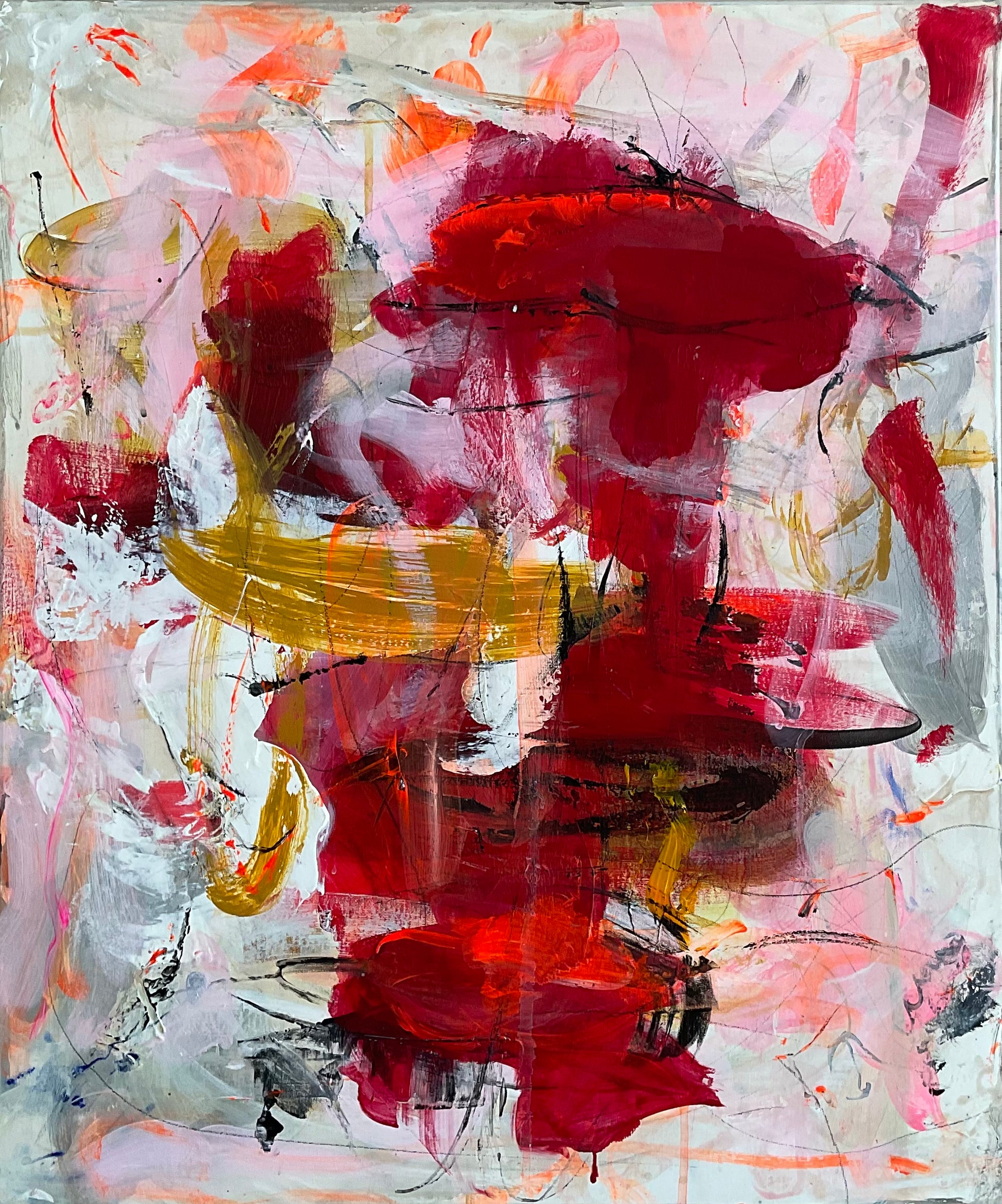 Abstrakt maleri, 50x60cm, "Laid back” by Lone Reedtz , Abstrakt ekspressivt akrylmaleri på lærred Uden ramme Black Brown Grey Ochre Orange Pink Red White