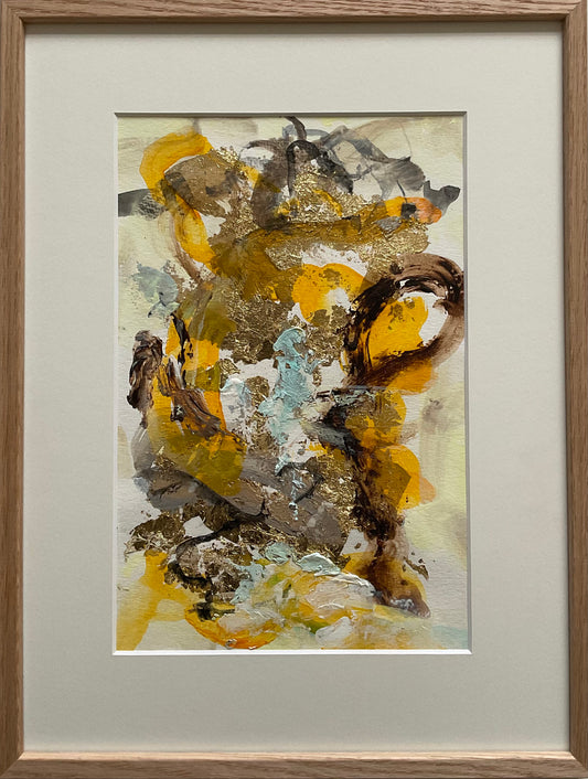 Paperwork nr. 59, 40x30 cm, med guld bladmetal og massiv egetræsramme by Lone Reedtz , Abstrakt ekspressivt akrylmaleri på papir i passepartout Brown Childish Gold Orange Yellow