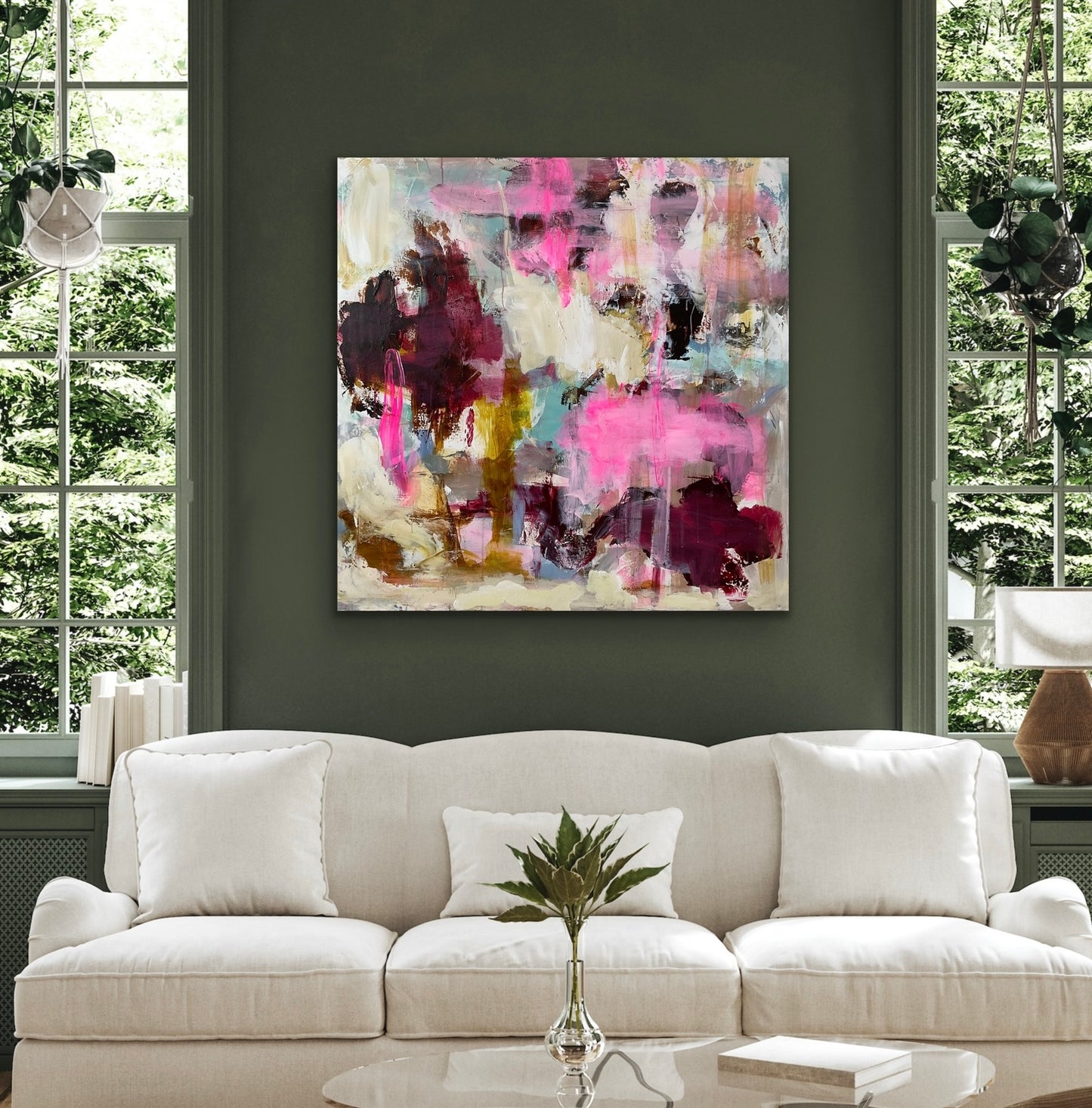 Abstrakt maleri, 100x100 cm, “LIFE” by Lone Reedtz , Abstrakt ekspressivt akrylmaleri på lærred Blue Brown Green Grey Kunstsamlingen-katalog-2025 Orange Pink White Yellow