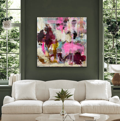 Abstrakt maleri, 100x100 cm, “LIFE” by Lone Reedtz , Abstrakt ekspressivt akrylmaleri på lærred Blue Brown Green Grey Kunstsamlingen-katalog-2025 Orange Pink White Yellow