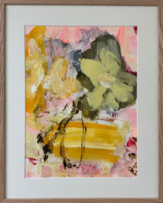 Paperwork, 50x40 cm, med massiv egetræsramme by Lone Reedtz , Abstrakt ekspressivt akrylmaleri på papir i passepartout Childish