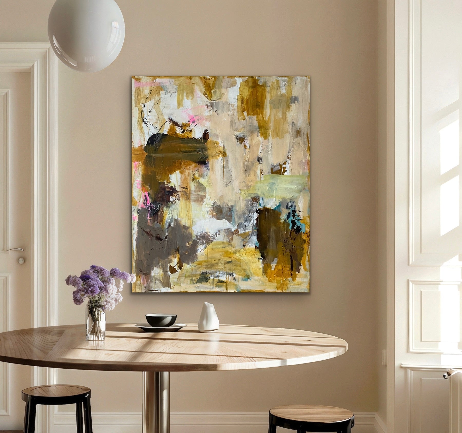 Abstrakt maleri, 120x100 cm, “GOLDEN SILENCE” by Lone Reedtz , Abstrakt ekspressivt akrylmaleri på lærred Blue Brown Green Grey Kunstsamlingen-katalog-2025 Orange Pink White Yellow