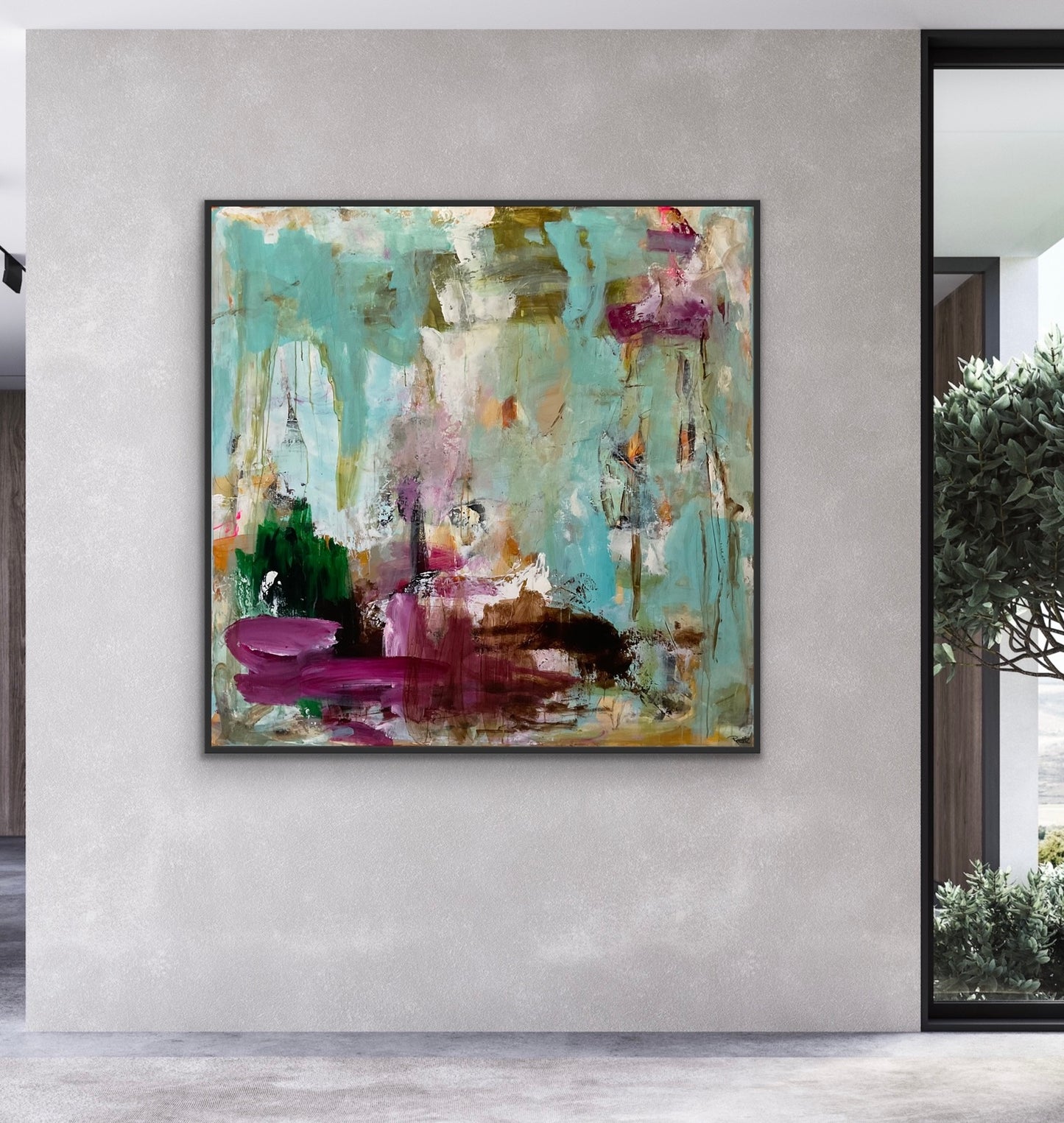 Abstrakt maleri, 120x120 cm, “ALL THAT WE ARE” by Lone Reedtz , Abstrakt ekspressivt akrylmaleri på lærred Med sort svæveramme