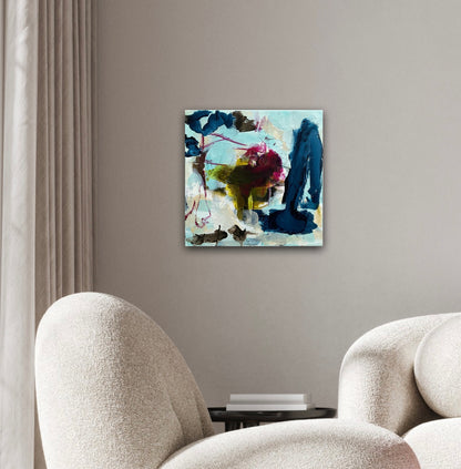 Abstrakt maleri, 40x40 cm, "Full of dreams” by Lone Reedtz , Abstrakt ekspressivt akrylmaleri på lærred Black Blue Brown Green Ochre Purple White