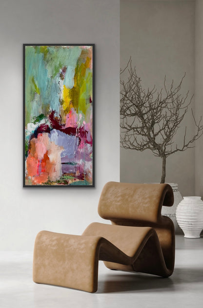 Abstrakt maleri, 100x50 cm, ”PEACH” by Lone Reedtz , Abstrakt ekspressivt akrylmaleri på lærred Med sort svæveramme Kunstsamlingen-katalog-2025