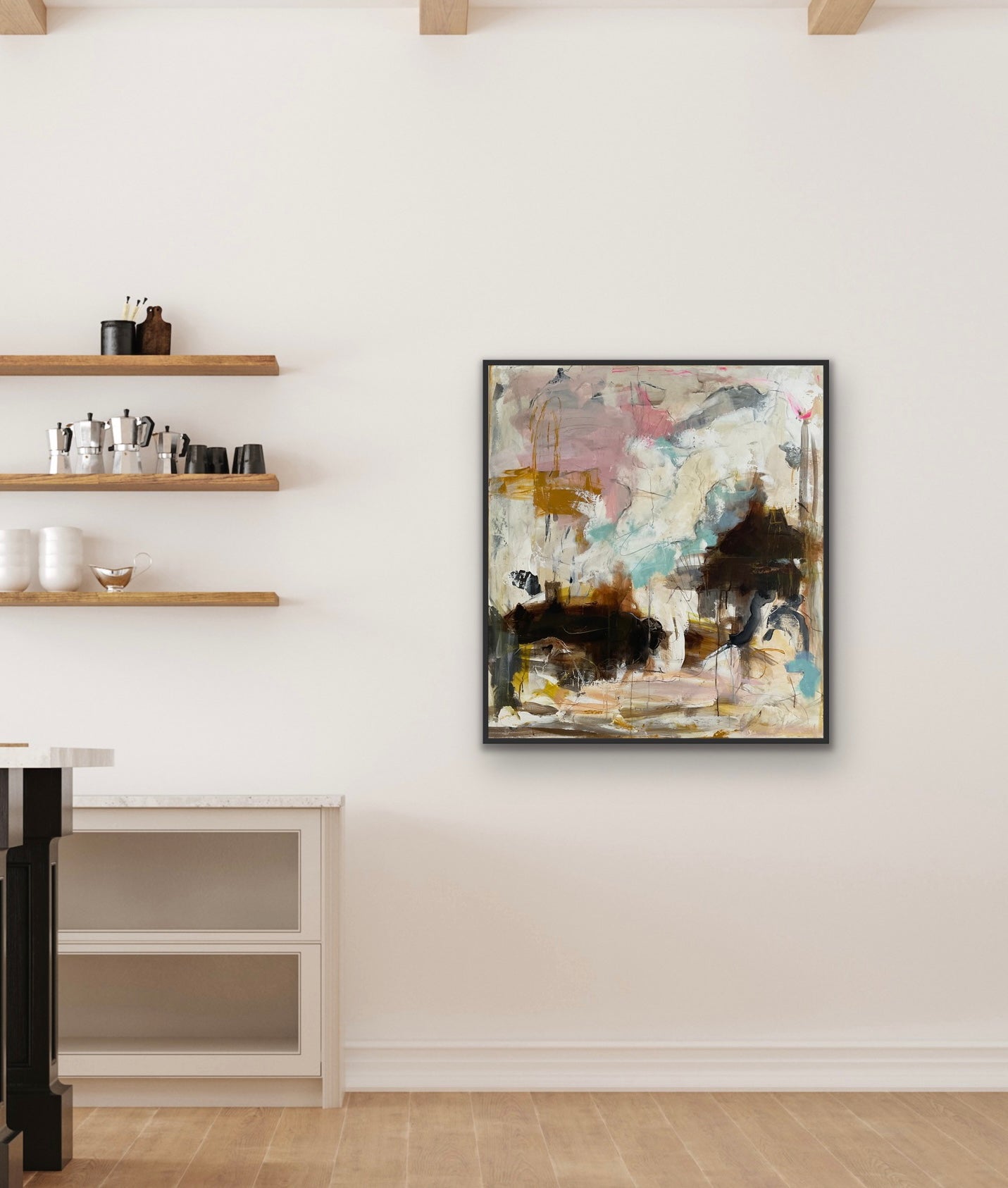 Abstrakt maleri, 90x100 cm, "Let´s disappear" by Lone Reedtz , Abstrakt ekspressivt akrylmaleri på lærred Med sort svæveramme