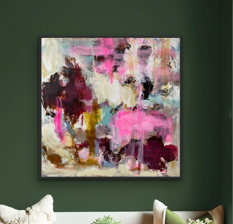 Abstrakt maleri, 100x100 cm, “LIFE” by Lone Reedtz , Abstrakt ekspressivt akrylmaleri på lærred Blue Brown Green Grey Kunstsamlingen-katalog-2025 Orange Pink White Yellow