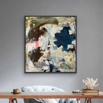 Abstrakt maleri, 90x100 cm, "Ocean of you" by Lone Reedtz , Abstrakt ekspressivt akrylmaleri på lærred Med sort svæveramme