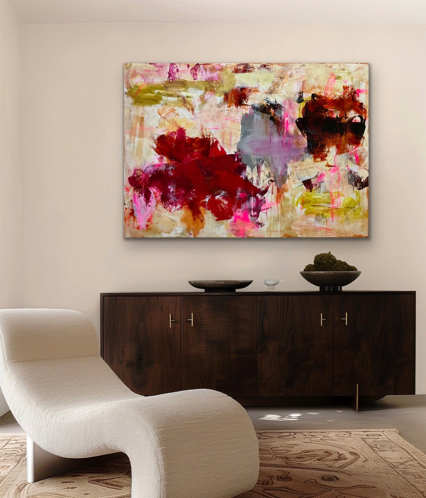 Abstrakt maleri, 100x140 cm, "STORYTELLING” by Lone Reedtz , Abstrakt ekspressivt akrylmaleri på lærred