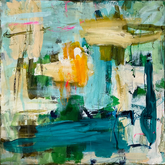 Abstrakt maleri, 100x100 cm, “FOREVER CALM” by Lone Reedtz , Abstrakt ekspressivt akrylmaleri på lærred Blue Brown Green Grey Kunstsamlingen-katalog-2025 Orange Pink White Yellow