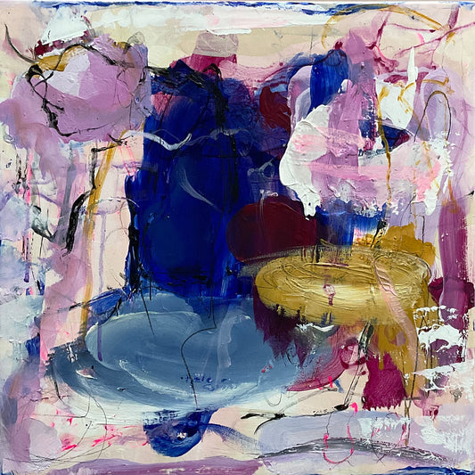 Abstrakt maleri, 40x40 cm, "A new day rising” by Lone Reedtz , Abstrakt ekspressivt akrylmaleri på lærred Uden ramme Black Blue Brown Ochre Purple White