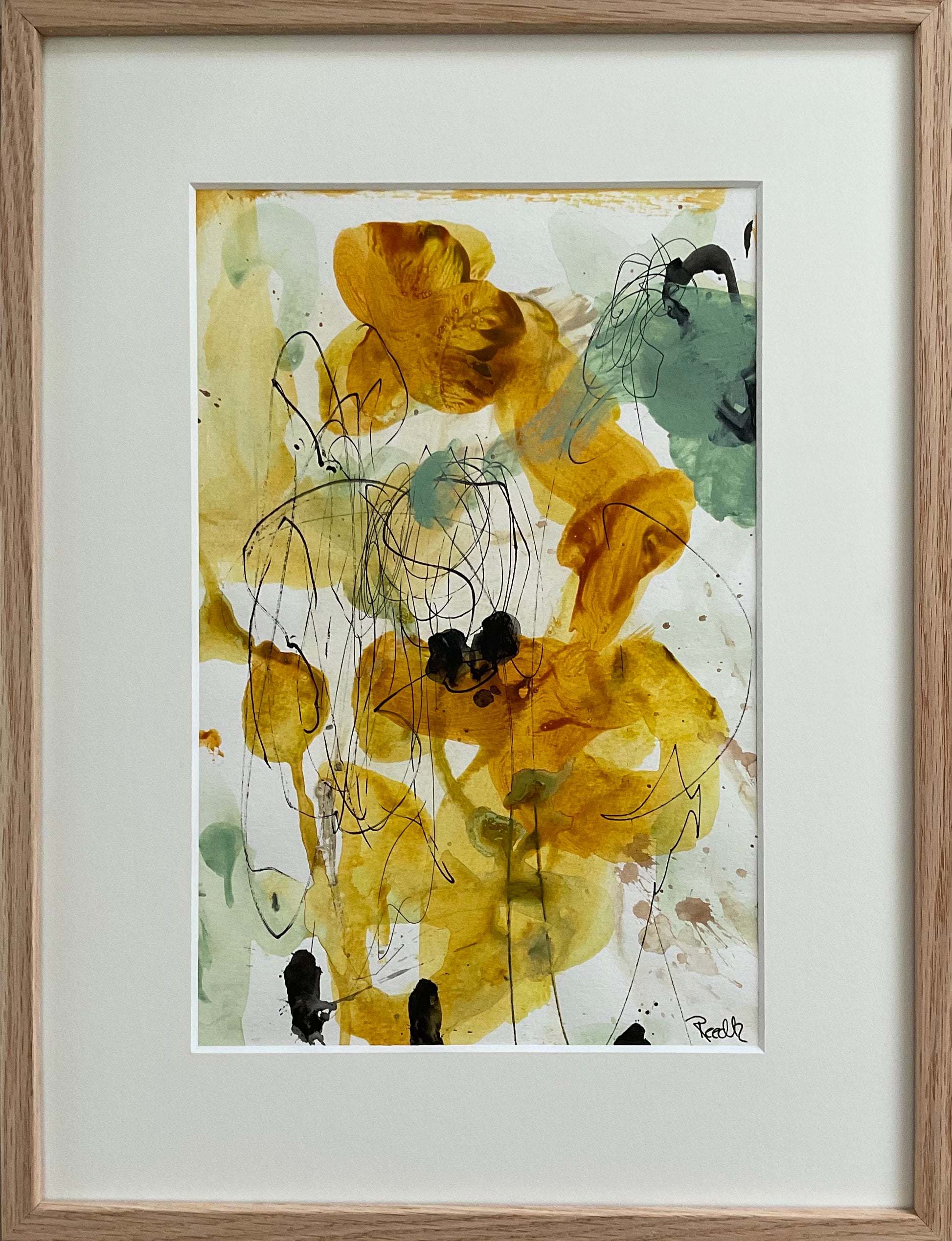 Paperwork, 40x30 cm, i massiv egetræsramme by Lone Reedtz , Abstrakt ekspressivt akrylmaleri på papir i passepartout