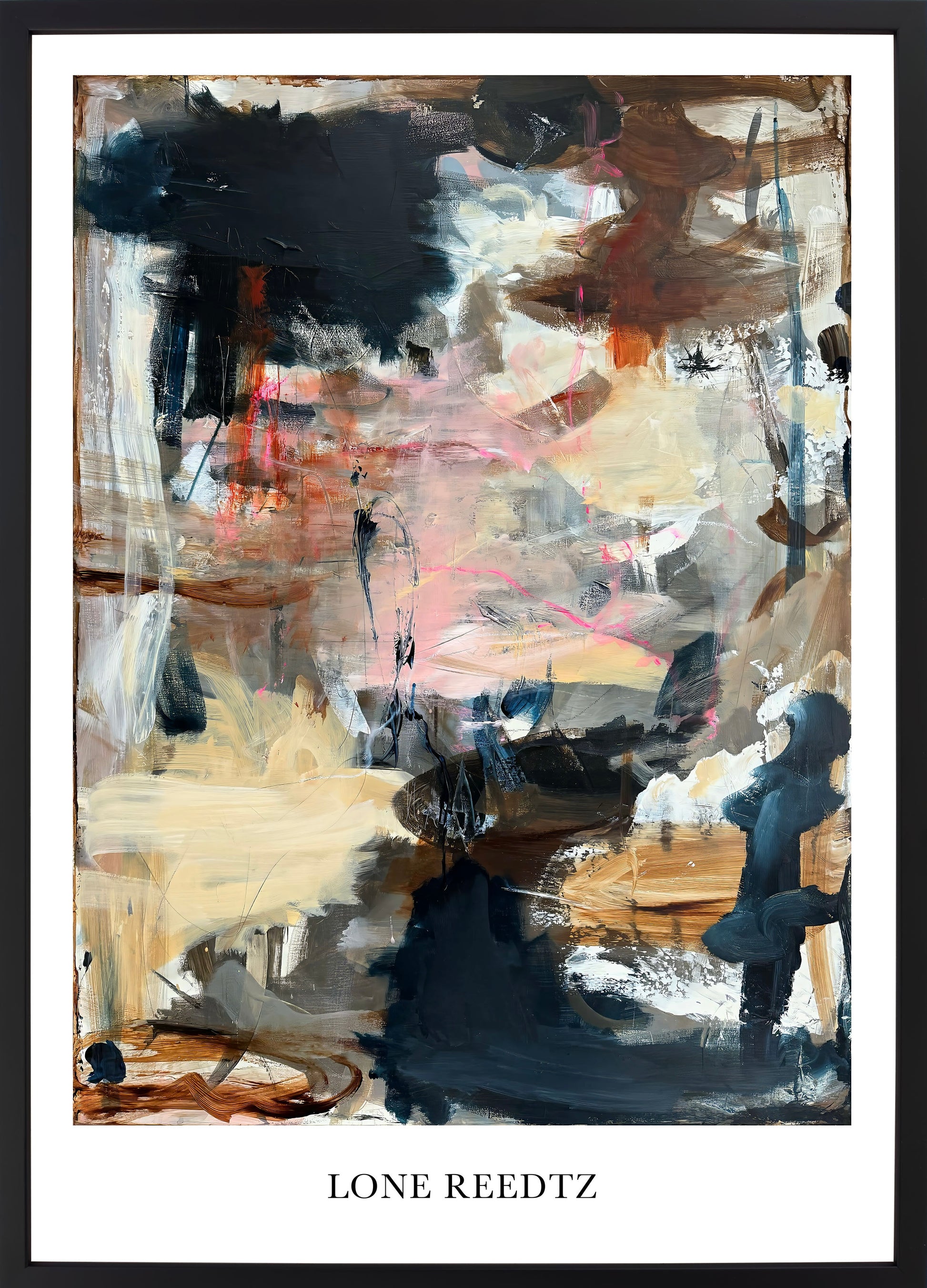 Abstrakt kunstplakat, 62x44 cm, "Simple life" - Limited Edition by Lone Reedtz , Abstrakt ekspressiv kunstplakat Sort træramme