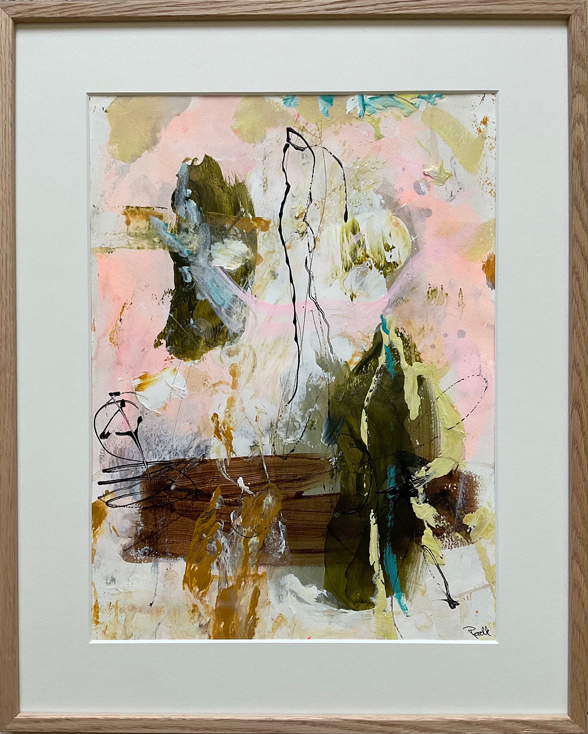 Paperwork, 50x40 cm, med massiv egetræsramme by Lone Reedtz , Abstrakt ekspressivt akrylmaleri på papir i passepartout Childish