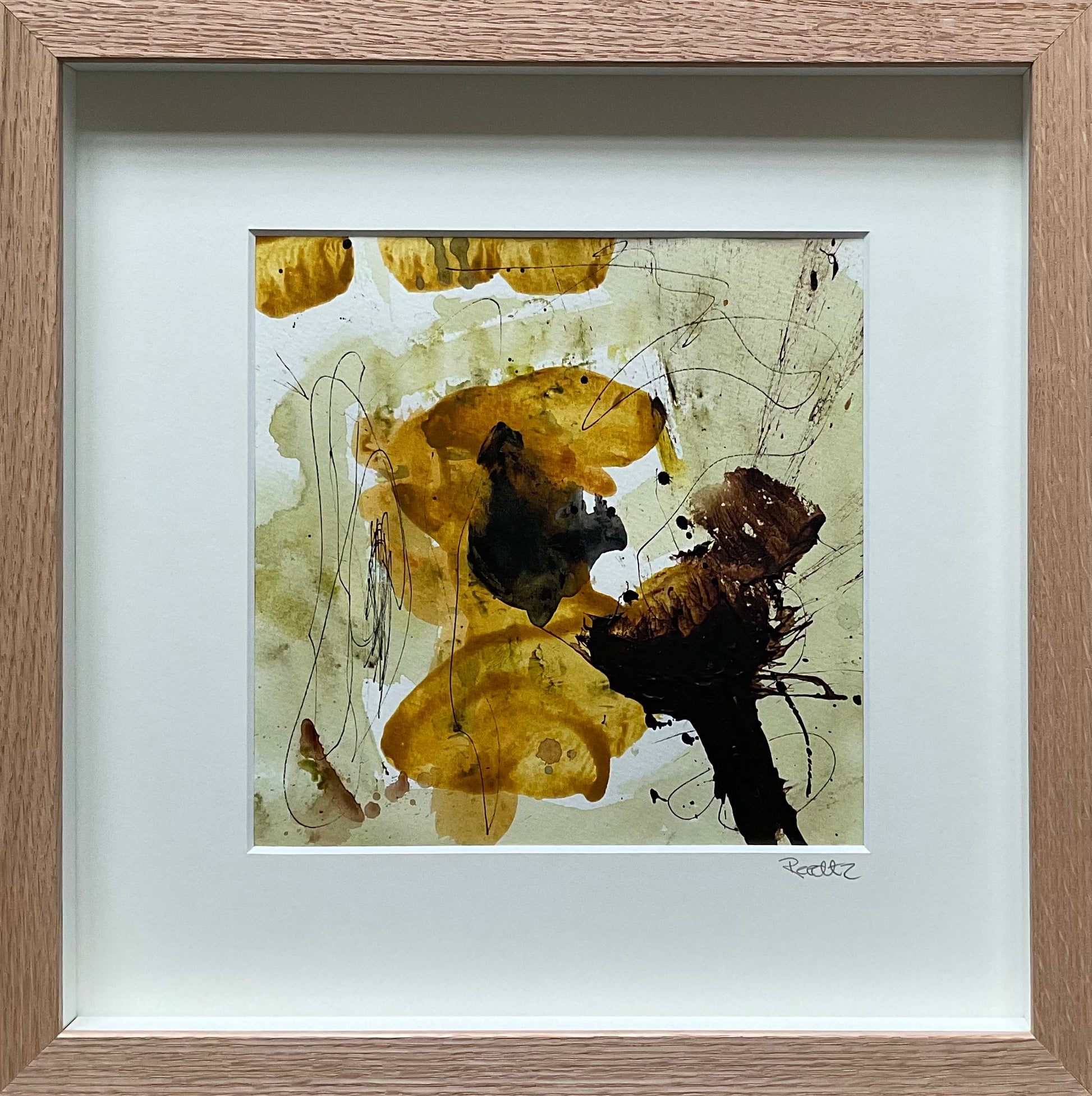 Paperwork, 30x30 cm, i boksramme af massivt egetræ by Lone Reedtz , Abstrakt ekspressivt akrylmaleri på papir i passepartout